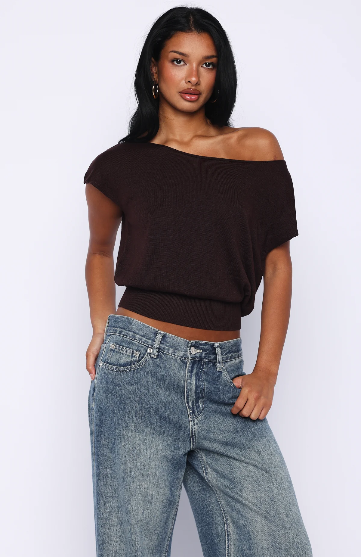 Can't Change My Mind Off Shoulder Cinched Top Chocolate