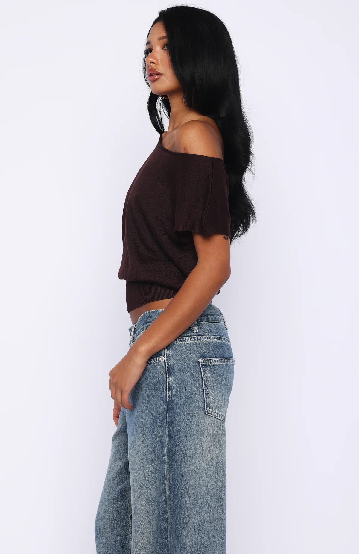 Can't Change My Mind Off Shoulder Cinched Top Chocolate