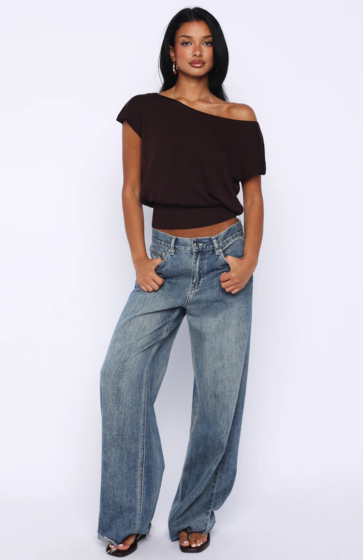 Can't Change My Mind Off Shoulder Cinched Top Chocolate