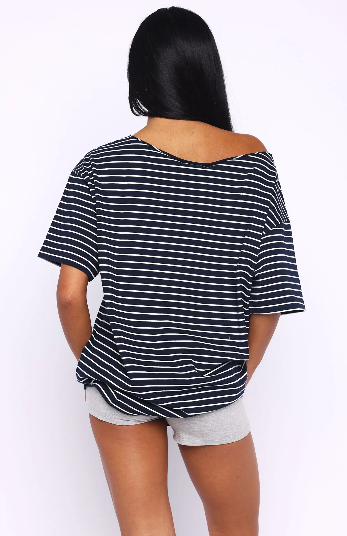 Give Me Options Off Shoulder Tee Navy/White Stripe