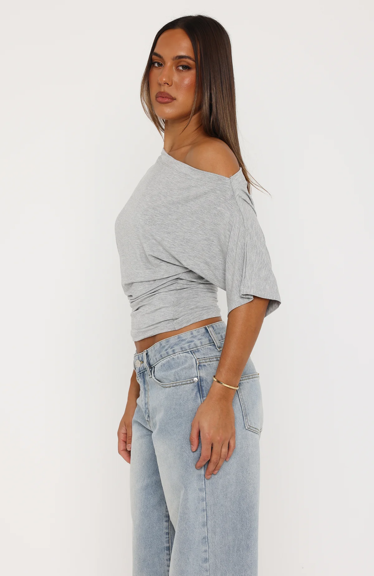 Hype Girl Cinched Waist Off Shoulder Top Grey Marle