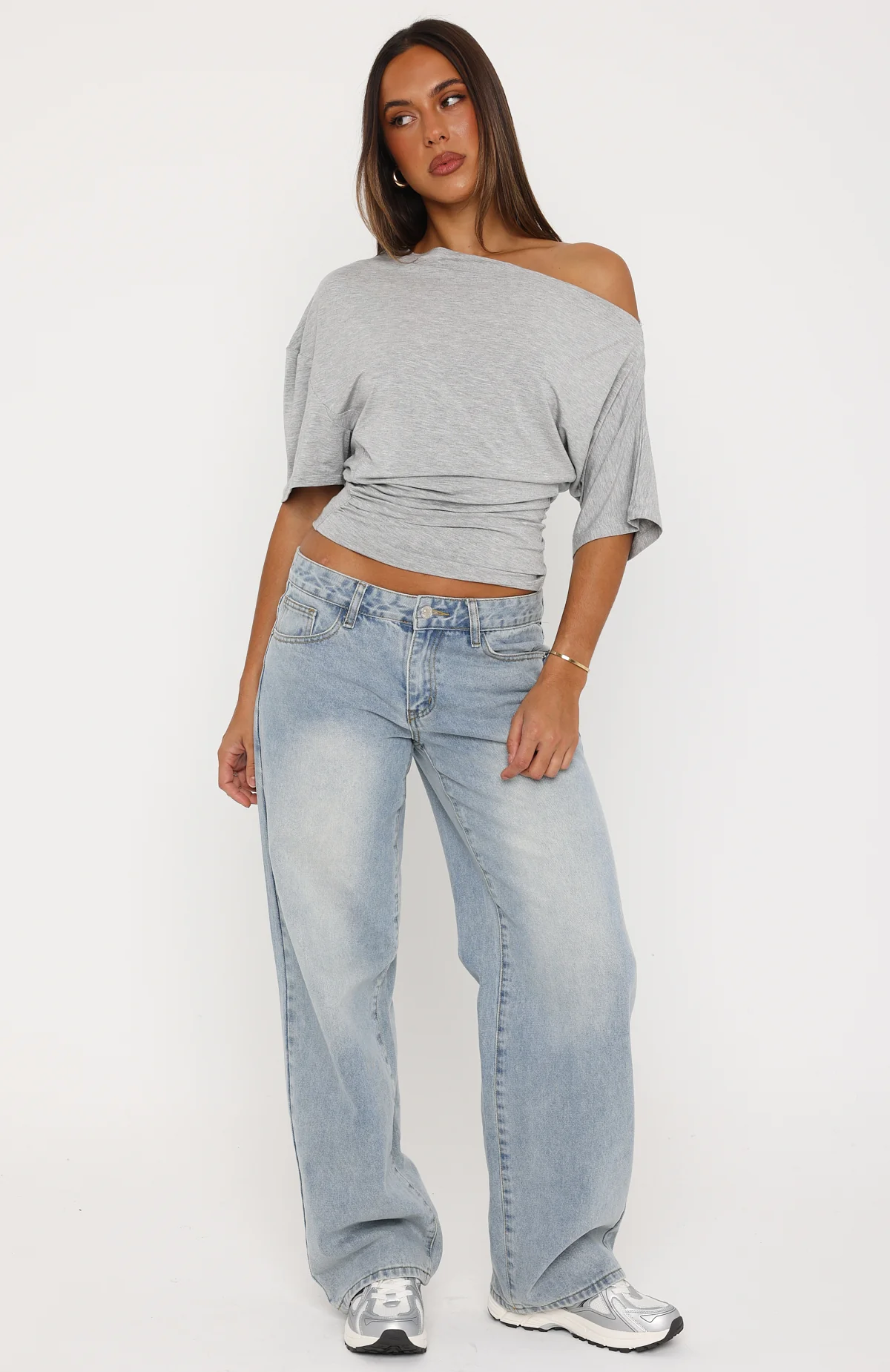 Hype Girl Cinched Waist Off Shoulder Top Grey Marle