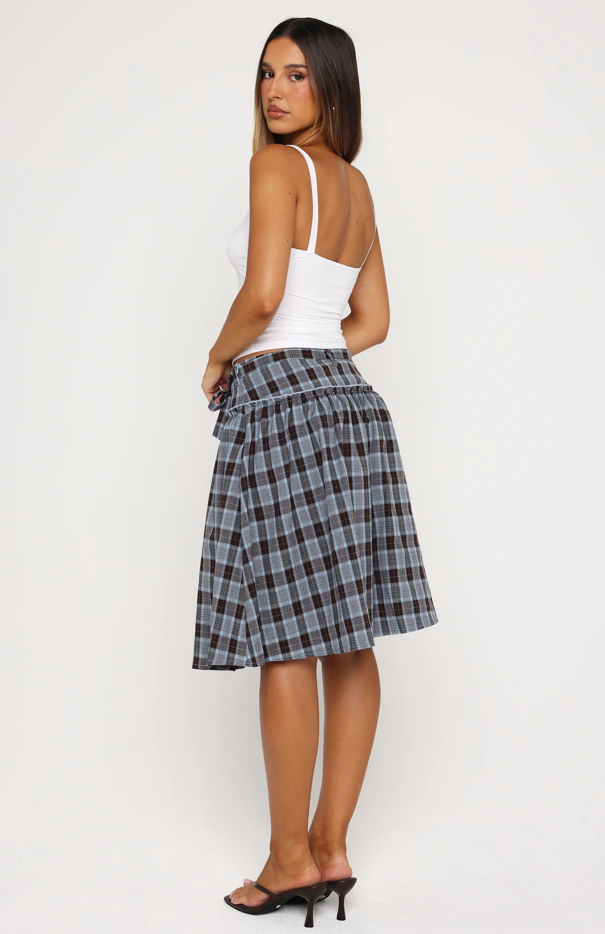 Make You Blush Midi Skirt Blue/Chocolate Check